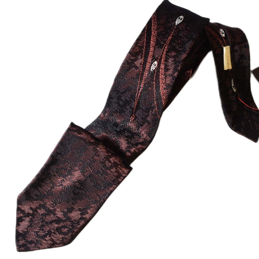 50s Vintage Mid Century Slim Jim Necktie Black Brown Floral Embroidered Textured
